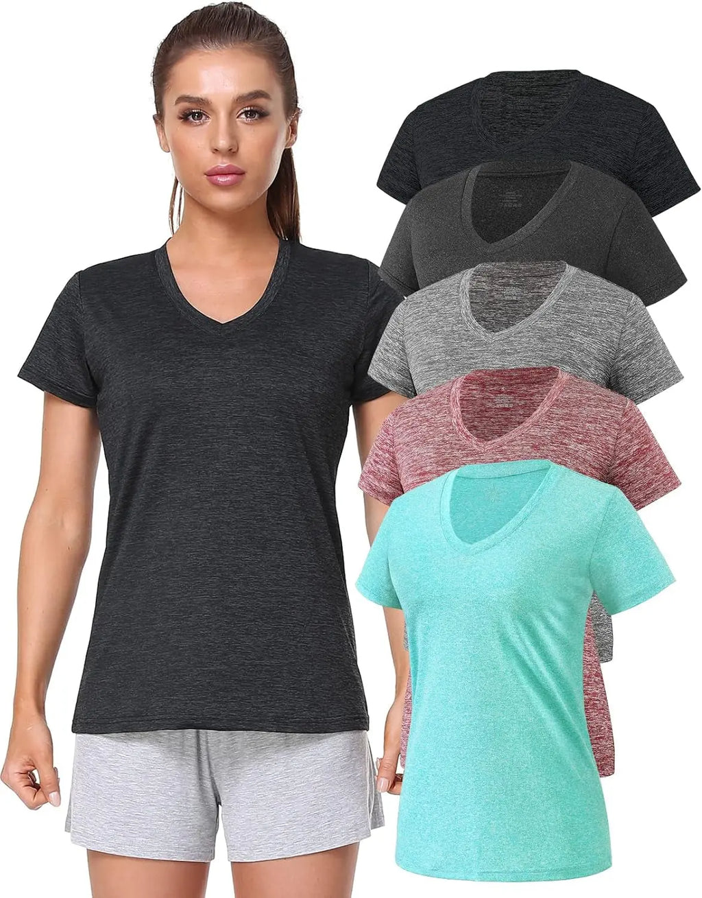 5-Pack Women'S Short Sleeve Dry Fit T-Shirt Moisture Wicking V-Neck Tee | Exercise Yoga Tees,Quick Dry Tops for Workout,Gym