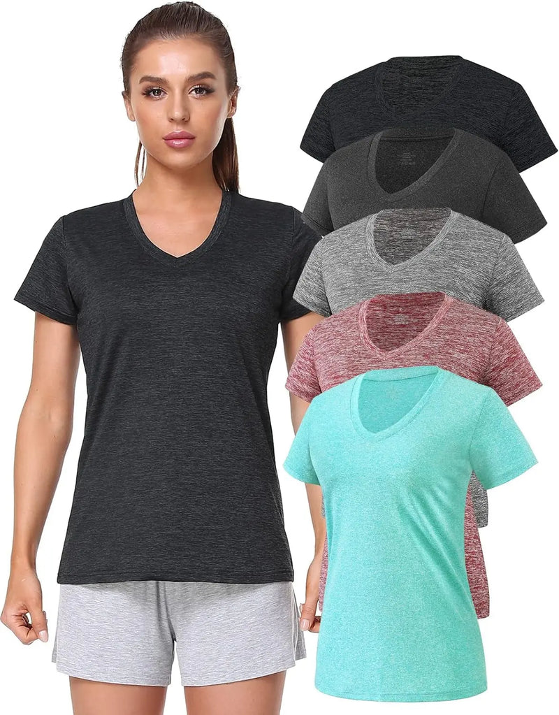 5-Pack Women'S Short Sleeve Dry Fit T-Shirt Moisture Wicking V-Neck Tee | Exercise Yoga Tees,Quick Dry Tops for Workout,Gym
