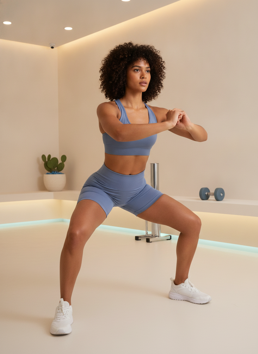 Woman in a deep squat, wearing slate blue Aura Fitness Shorts, demonstrating their flexibility and elegant fit in a modern gy